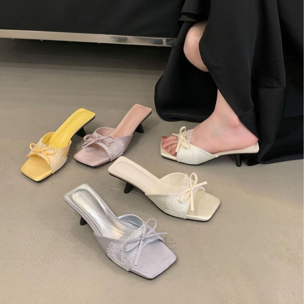 French Niche Bag Head Sandals Gentle Bow Pointed High Heels Lace Pure Desire Satin Stiletto Empty Shoes