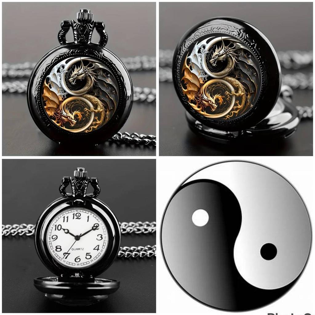 Vintage Retro Gold Bronze Double Dragon Yinyang Quarz Unisex Männer Frauen Taschenuhr Quarz Halskette Anhänger Uhr Kette Klassische Zifferblatt Schmuck Geschenk