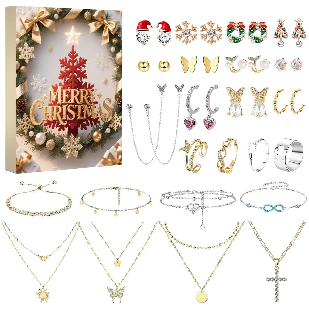 Christmas Countdown Calendar 25-Day Christmas Jewelry Set Bracelets Pendant Accessories Charm Earrings Holiday for Seasonal L