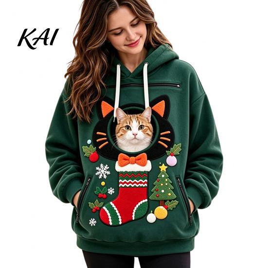 Cozy Fleece Pet Pocket Unisex Pouch Christmas Hoodie, Cute Dog Cat Carrier Hooded Sweatshirt with Small Holder Top Graphic, Lined Animal Pullover