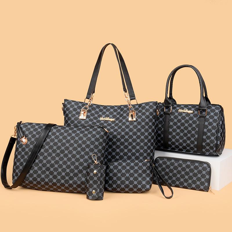 New Women's Large-capacity Mother and Child Bag Six-piece Fashion Printing Handbag Contrasting Color Plaid Shoulder Bag Messenger Bag