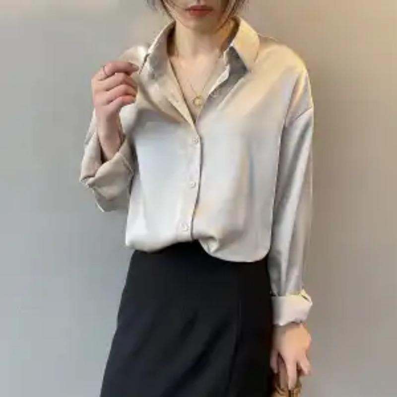 Satin White Shirt Women's New Summer Design Niche Thin Retro Hong Kong Style Drape Long-sleeved Shirt
