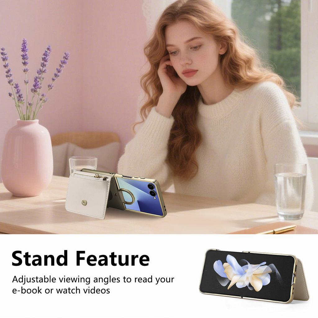 Luxury Ring Holder Zipper Cards Wallet Leather Case For Samsung Z Flip 7 6 5 4 Comfortable Grip Shockproof  Makeup Mirror Cover