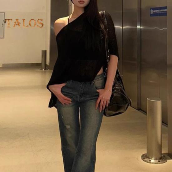 Women Tops Solid Color Slanted Collar Irregular Hem Design Elastic Blouse Loose Fit Casual Viscose Blouse Daily Wear