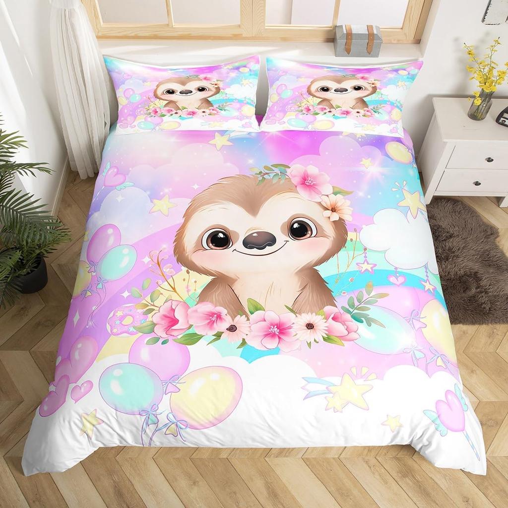 Cute Sloth Duvet Cover Watercolor Floral Bedding Set Lovely Jungle Animal Comforter Cover Twin King Kawaii Sloth Bedspread Cover
