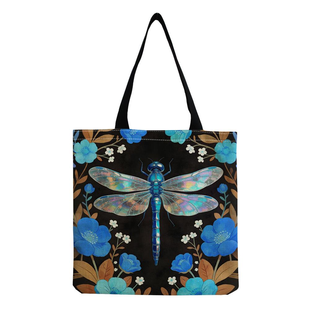 Women Vintage Linen Tote Bag - Large Capacity Dragonfly Print Shoulder Handbag for Casual & Grocery Shopping KTB