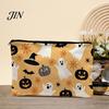 Festive Canvas Makeup Organizer Storage Bag, with Halloween Pumpkin Ghost Print, Smooth Portable Miscellaneous Item Bag Zipper for Travel Cosmetic