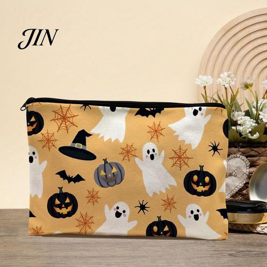 Festive Canvas Makeup Organizer Storage Bag, with Halloween Pumpkin Ghost Print, Smooth Portable Miscellaneous Item Bag Zipper for Travel Cosmetic