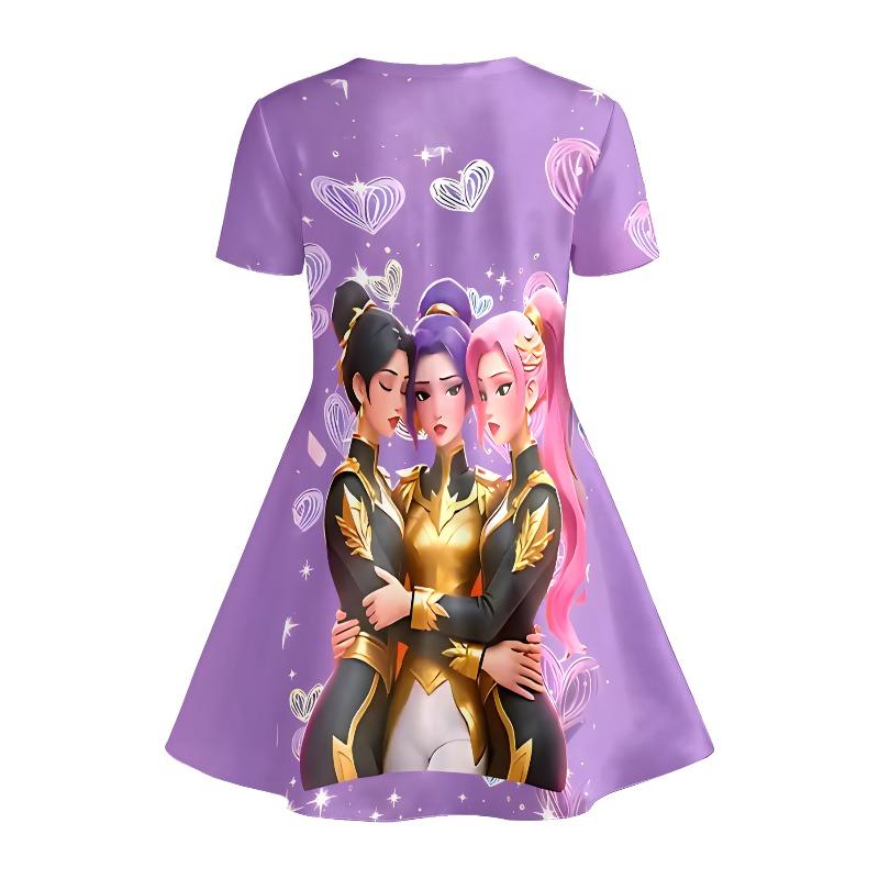 Mädchen Anime Mädchengruppe Bedrucktes T-Shirt Kleid, Kinderparty Lila Herz Lässiges Kleid Geeignet für Geburtstagsgeschenke