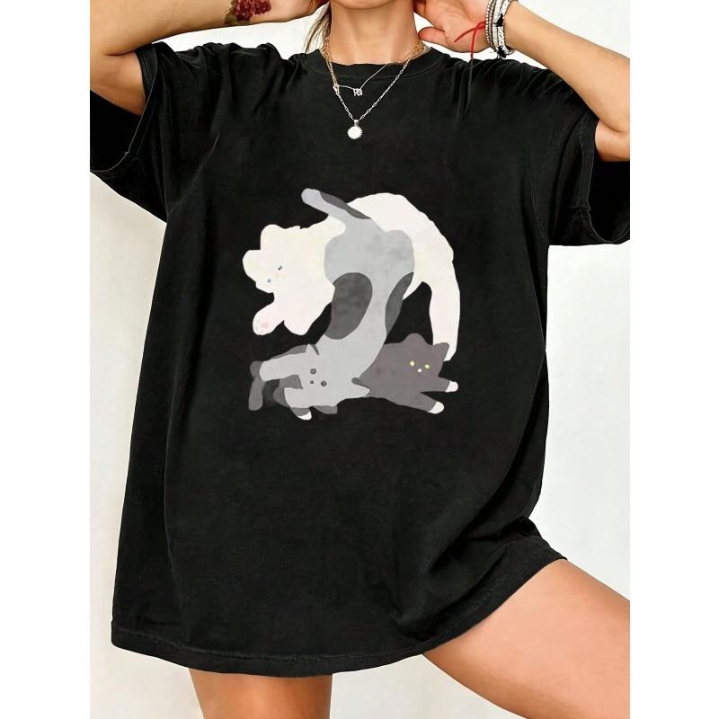 

Oversized T Shirt Black Cat And Dog Print Casual Wear For Women Summer Outfit Comfortable Loose Fit Top With Cute Animal Design For Everyday Wear XXXXL чёрный