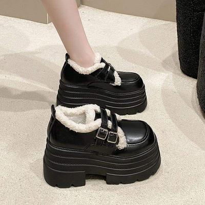 Heel Small Leather Shoes Women's Velvet 2025 New Autumn and Winter Outer Wear Shoes Fluffy Cotton Shoes British Platform Loafers