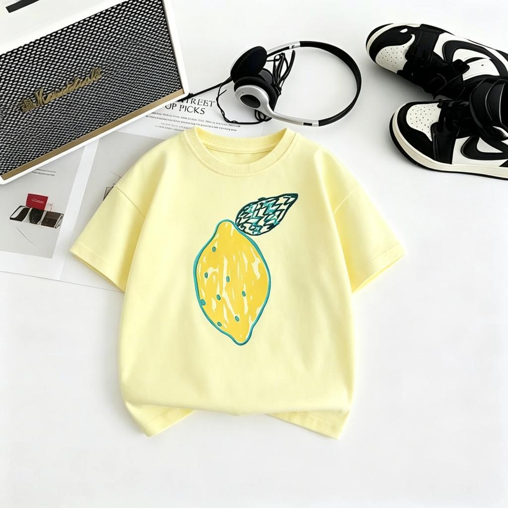 2026 Hot Sale Kids Short Sleeve T Shirt With Strawberry Tomato And Lemon Prints Loose Thin Style Soft Fabric Casual Tees Kid Top