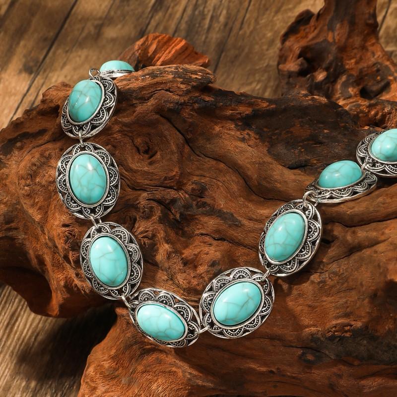 BLINGBAY Women's Chain Necklace Retro Ethnic Style Turquoise Necklace Female Personalized Carving Oval Clavicle Chain Girl Birthday Gift