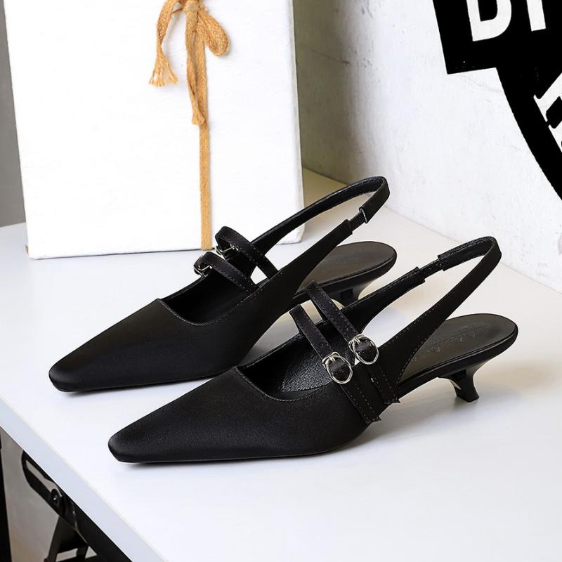 Korean Style Pointed One-Length Strap Back Empty Shoes Comfortable Low Heel Single Shoes Shallow Mouth Wine Glass Heel Silk