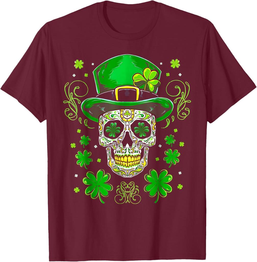 Sugar Skull Leprechaun Hat St Patrick Day Graphic Tee Cotton Short Sleeve Casual T-Shirt for Men