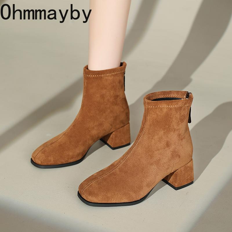 Autumn Winter Vintage Women Thick Heel Ankle Boots Street Style Square Toe Party Short Botas Mujer
