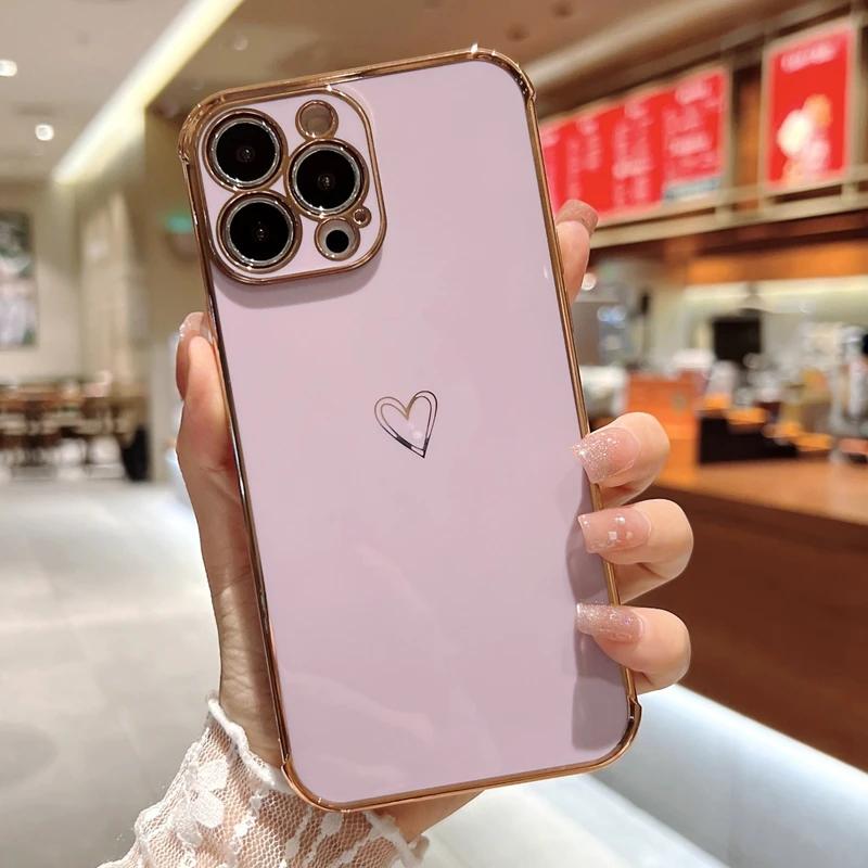 Luxury Electroplated Love Heart Phone Case For iPhone 11 12 13 14 15 16 Pro Max XS X XR Max Plus Soft Silicone Cover