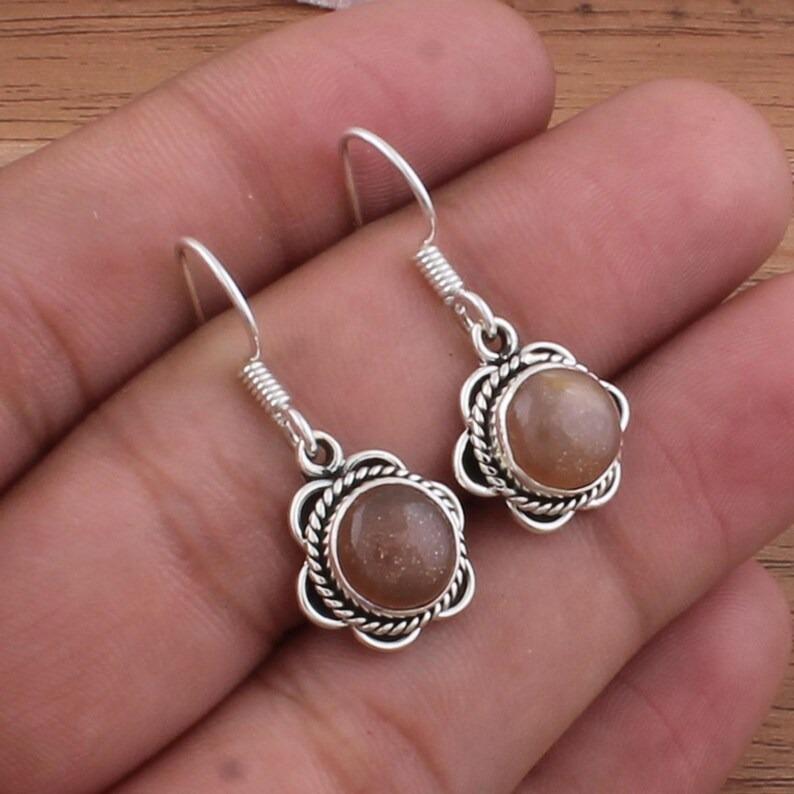 Peach Moonstone Gemstone Handmade Designer Drop Earring Gift For Her Boho Earrings 925 Silver Jewelry