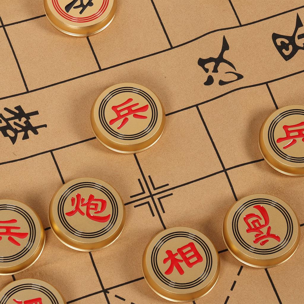 Chinese Chess Set Xiangqi Game Traditional Aluminium Golden Comfortable Touch with Storage Case Board Game for Collection