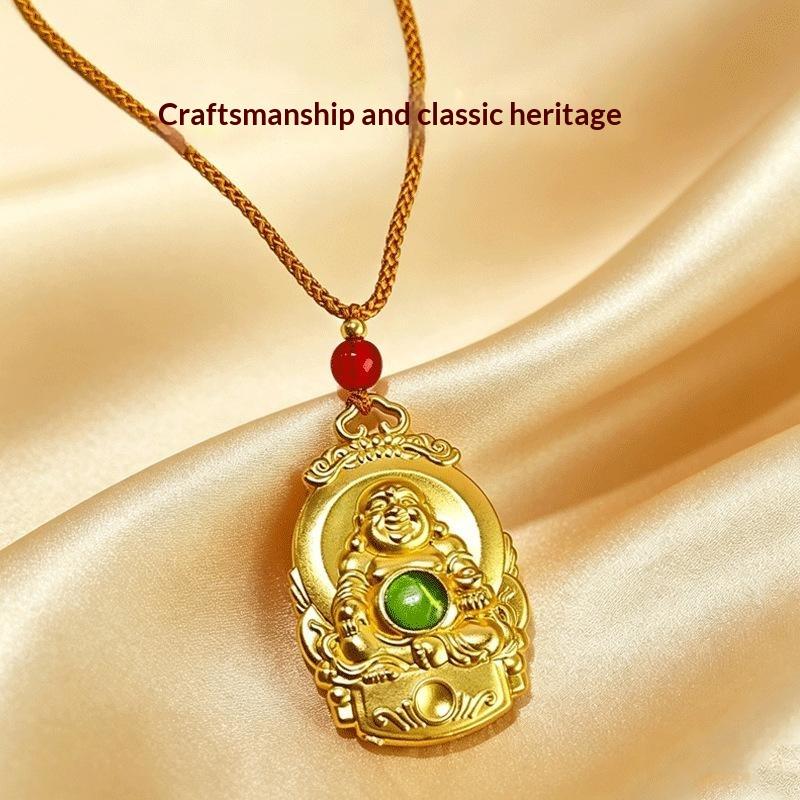 Zinc Alloy Pendant Necklace Auspicious Cloud Decor Border Laughing Monk Statue Charm Jewelry For Daily Wear Gift