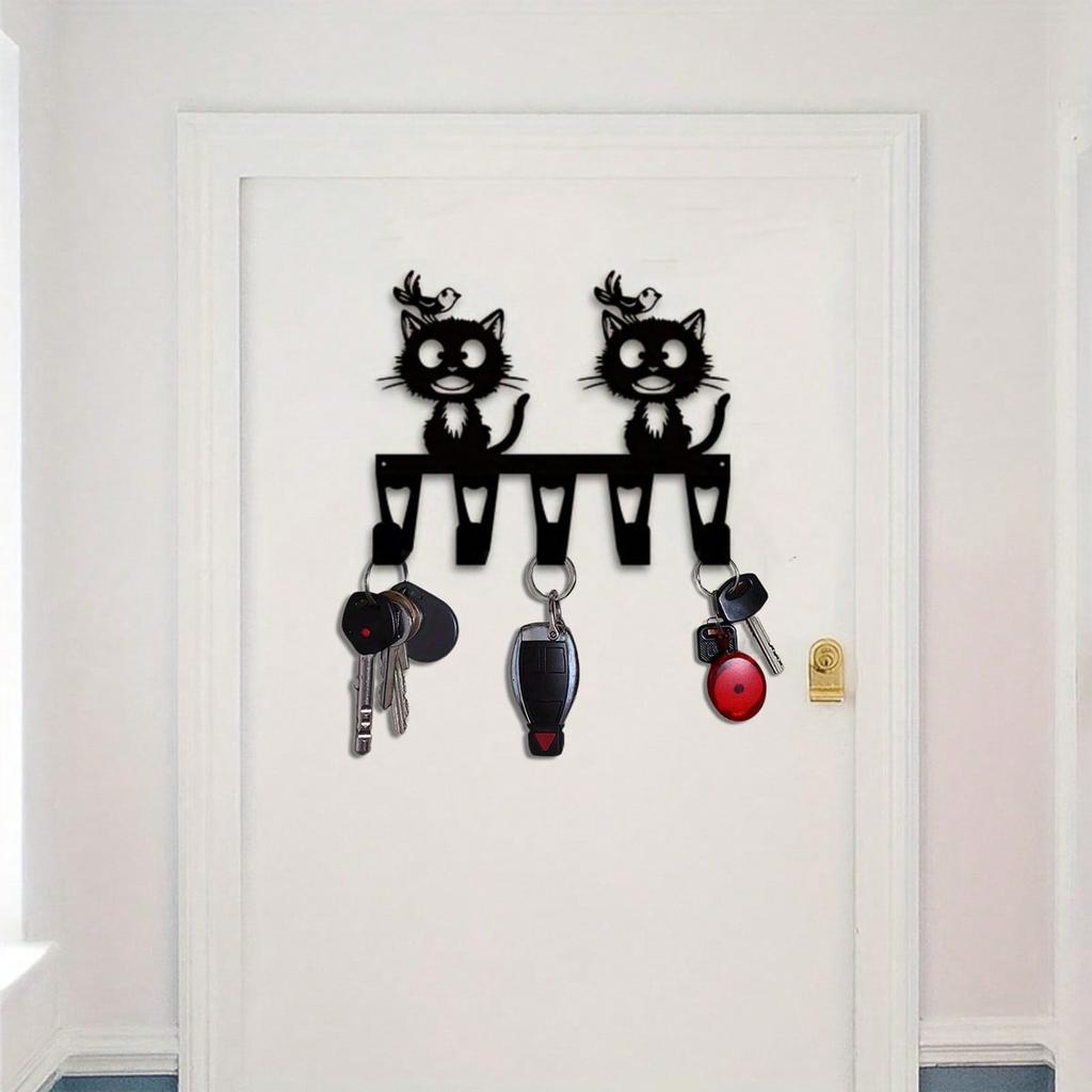 Black Cat Bird Key Holder Wall Decor Metal Vintage Key Hanger with 5 Hooks