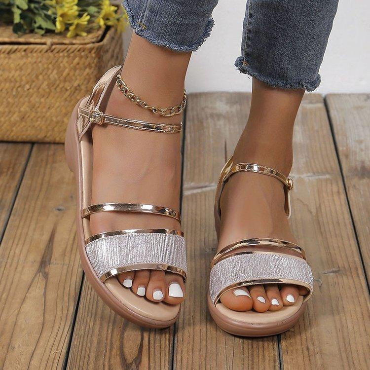 2024 summer new foreign trade large size European and American rhinestone slope heel fish mouth one-word buckle beach women's sandals 43
