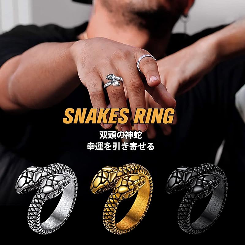 [Richsteel] snake ring men's snake ring stainless Allergy friendly antique style unique two-headed divine snake money luck cool for men accessories