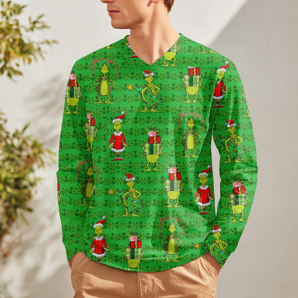 Мужская модная футболка с принтом, V-образным вырезом, повседневная, с длинным рукавом, для ношения под низ, топ