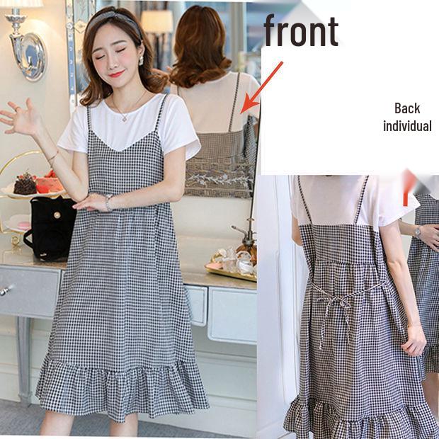 2025 Celebrity-Inspired Maternity Summer Two-Piece Patchwork Dress - Short Sleeve, Mid-Length, Loose Fit
