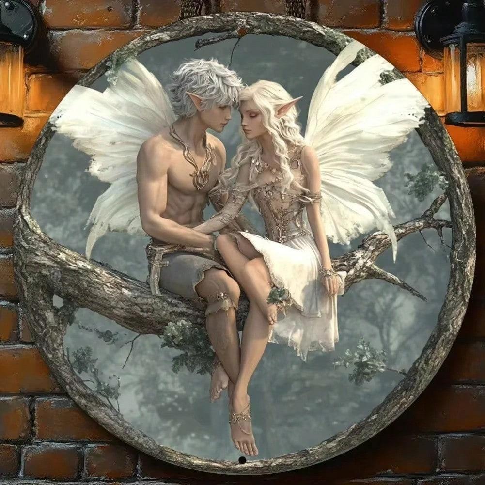 Metal Wall Art Fairy Floral Wreath Retro Couple Painting Aluminum Decor 2D Circular Forest Scene Hanging 20x20 разноцветный