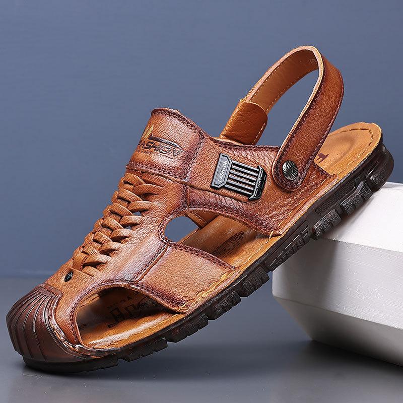 Sandals Men's 2025 Summer New Youth Baotou Beach Shoes First Layer Cowhide Breathable Dual-purpose Beef Tendon Bottom Cool Slippers