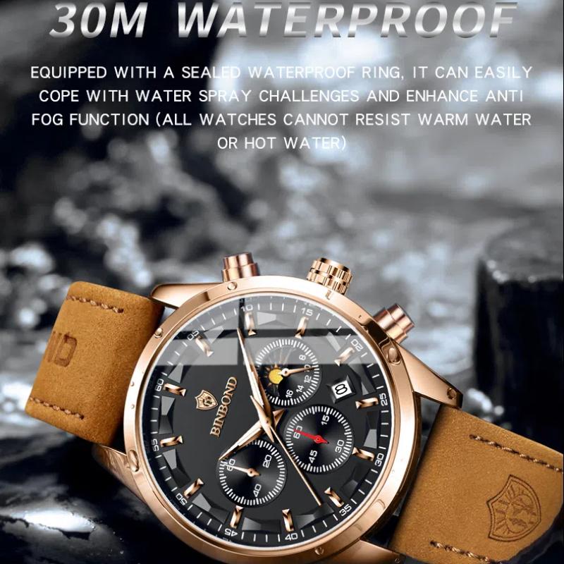 BINBOND Luxury Man Quartz Watch Waterproof Luminous Pointer Chronograph Leather Men's Wristwatch Military Sports Male Watch