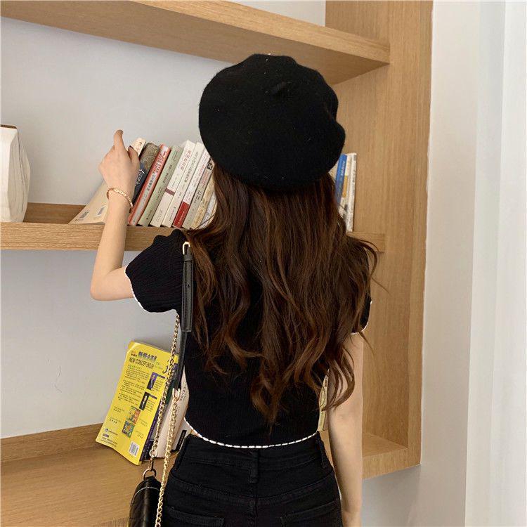 Damski top dzianinowy z lodowego jedwabiu z dekoltem w serek 2025 Slim Fit - Letni z krótkim rękawem, z wysokim stanem