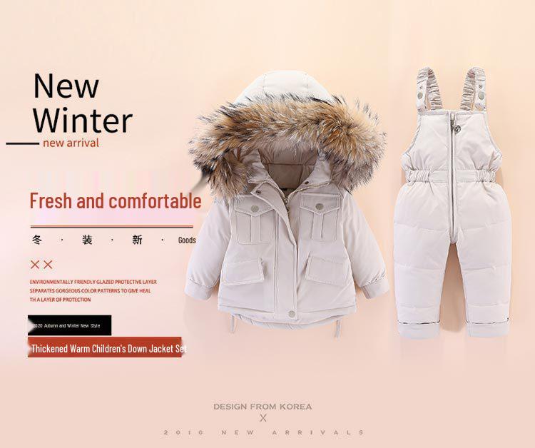 2024 Winter Kids' Down Jacket Set: Korean Style, Big Fur Collar, Two-Piece for Boys and Girls