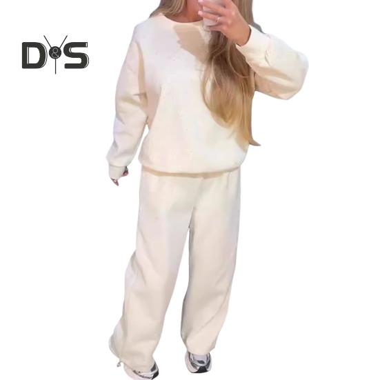 2 Pcs/Set Women Top Pants Suit Round Neck Long Sleeves Rhinestone Decor Sweatshirt Elastic Waist Wide Leg Trousers Daily Wear Sport Outfit Fall