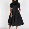 Robe Mi-longue Unie pour Femme à Manches Bouffantes, Col Montant, Taille Haute avec Lien, Coupe Trapèze