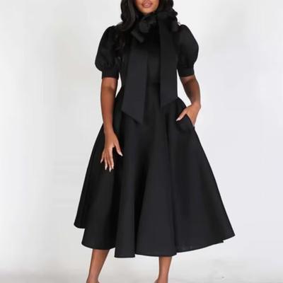 Women Solid Color Puff Sleeve Stand Collar High Waist Tie Waist A Line Midi Dress