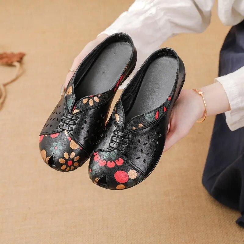 Johnature Ethnic Style Printed Genuine Leather Outdoor Slides Women Versatile Handmade Low Heeled Slippers