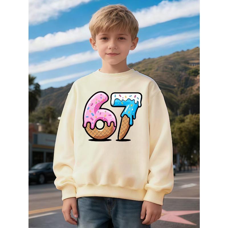 kids unisex Round Neck Sweatshirt 67 SixtySeven Fun Number Donut Theme Sweatshirt Cartoon Number 67 Ice Cream Donut Pattern Unisex Holiday