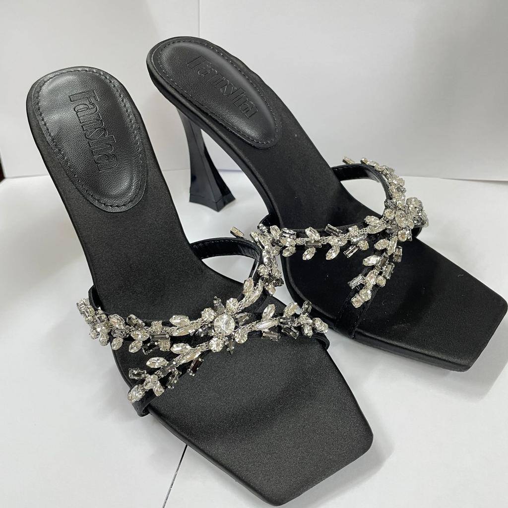 2025 Summer European and American Satin Thin Heel Cross Rhinestone Square Head Open-toed Sandals Women's High-heeled Slippers Fashionable and Sexy