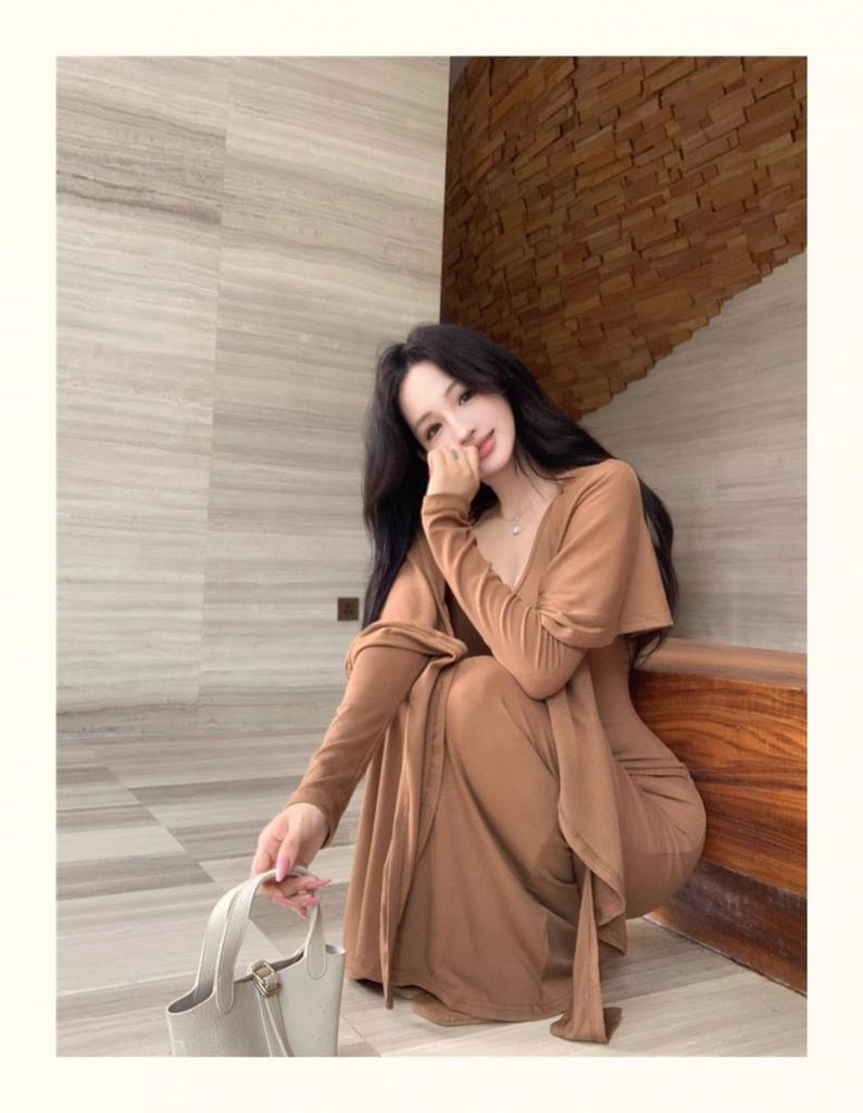 2025 Autumn Women's V-neck Waist-cinching Long-sleeve Hip-hugging Cardigan Dress Set