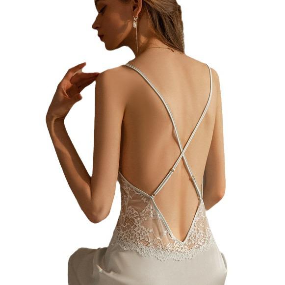 French Lace Sheer Mesh Nightgown: Seductive Ice Silk Women's Camisole Nightdress