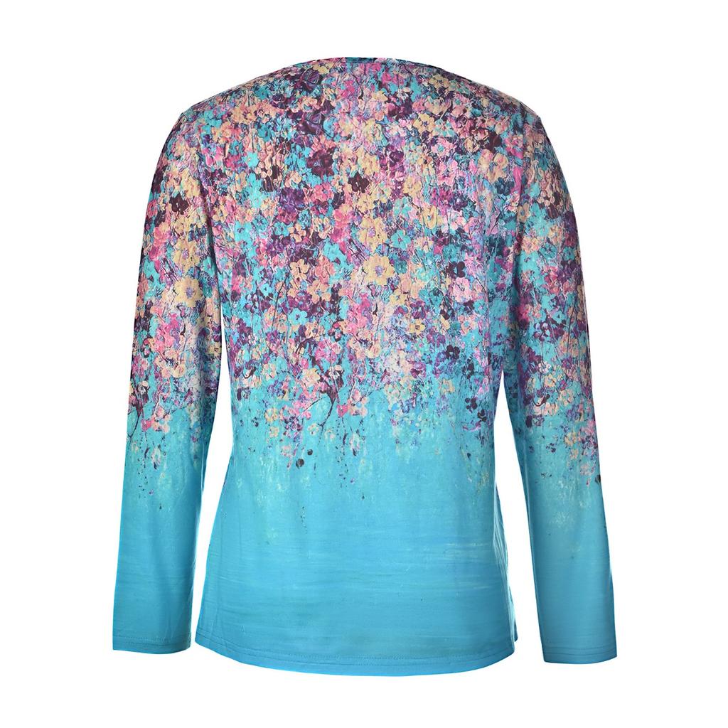 GMXIA Autumn Loose Long Sleeve Flower Bold V-neck T-shirt Base for Women
