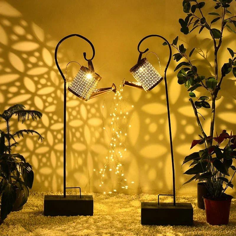 Solar LED Watering Can Lights Hanging Kettle Lantern Light Waterproof Yard Outdoor Lights Hollow Water Sprinkle Landscape Lamp