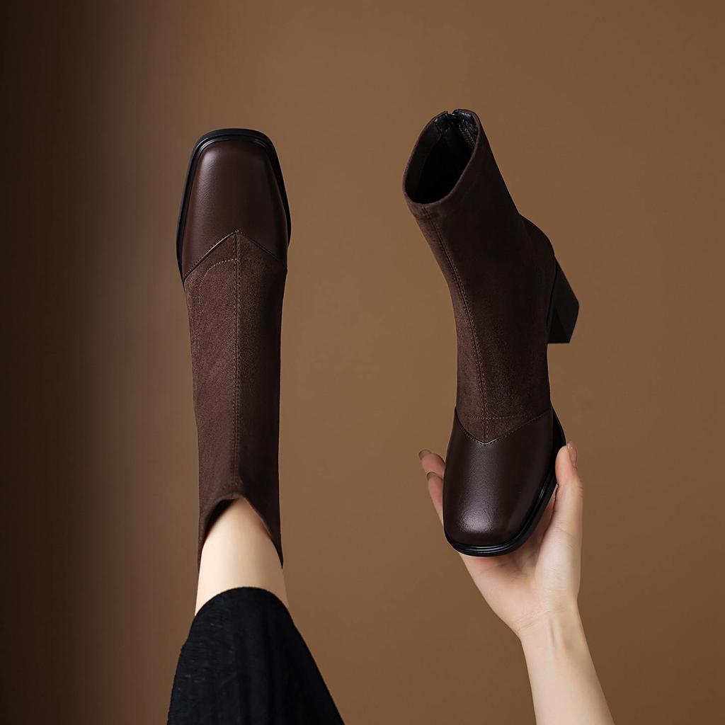Krazing Pot Microfiber Flock Round Toe Med Heels Elastic Boots Size 43 Slip On Women Patch Work Ankle Boots