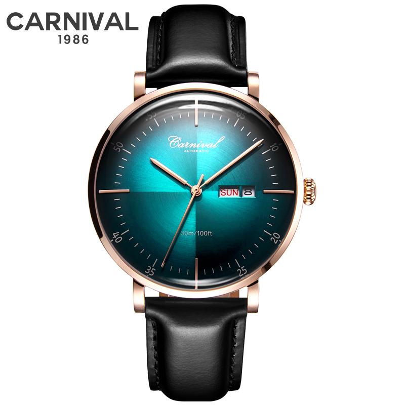 Carnival Marke 3D Gewölbtes Zifferblatt Luxus Automatikuhr für Mann Leder Wochentag Datum MIYOTA Mechanische Uhr Sport-Armbanduhr Männlich