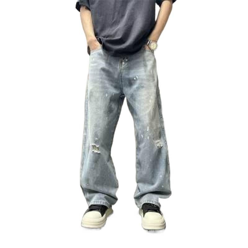Ink splashing ripped straight loose wide-leg jeans men's spring and autumn trendy brand ruffian handsome American high street retro men's trousers