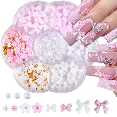 Gemischte Acryl Schleife 3D Nail Art Dekorationen Blume Harz Charms Goldperlen Kaviar Perle Gemischte Strasssteine Zubehör Box