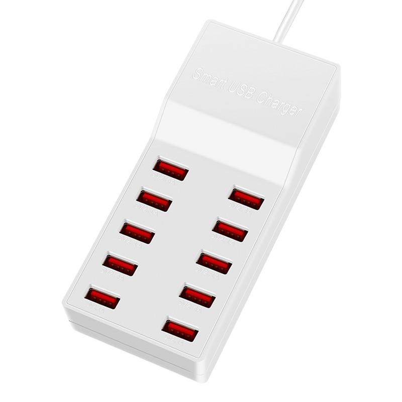 10-Port USB Charger, Multi-Nation Standard, 10A Power Strip, 2.4A Fast Charge, 50W US Standard 10-Port USB Power Strip
