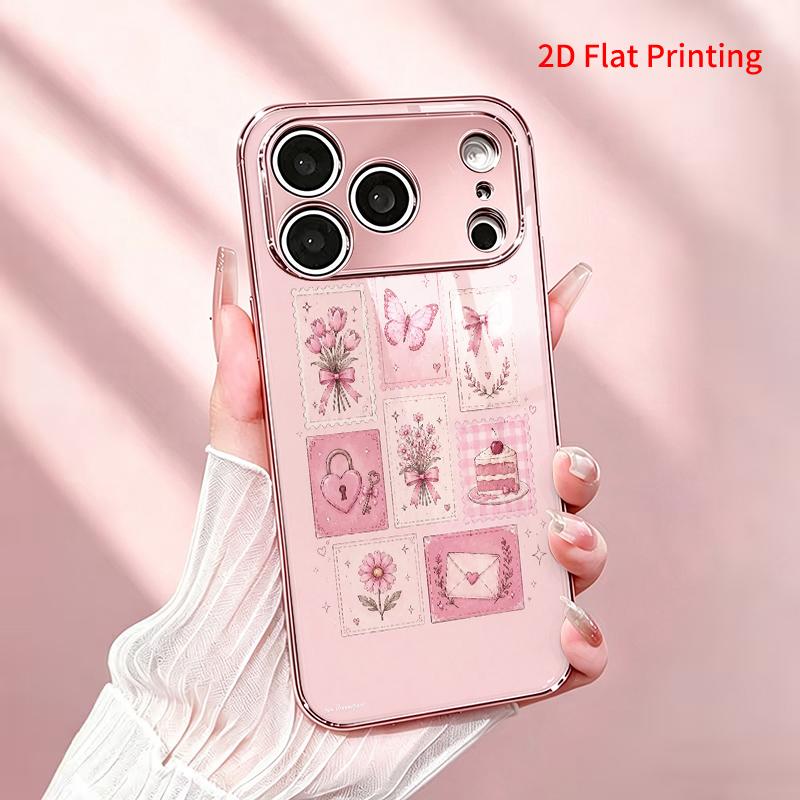 2DFlat electroplated tempered glass phone case,Pink Sticker Collage Phone Case,suitable for iPhone 18 Pro Max 17 16 15 14 13 12 11